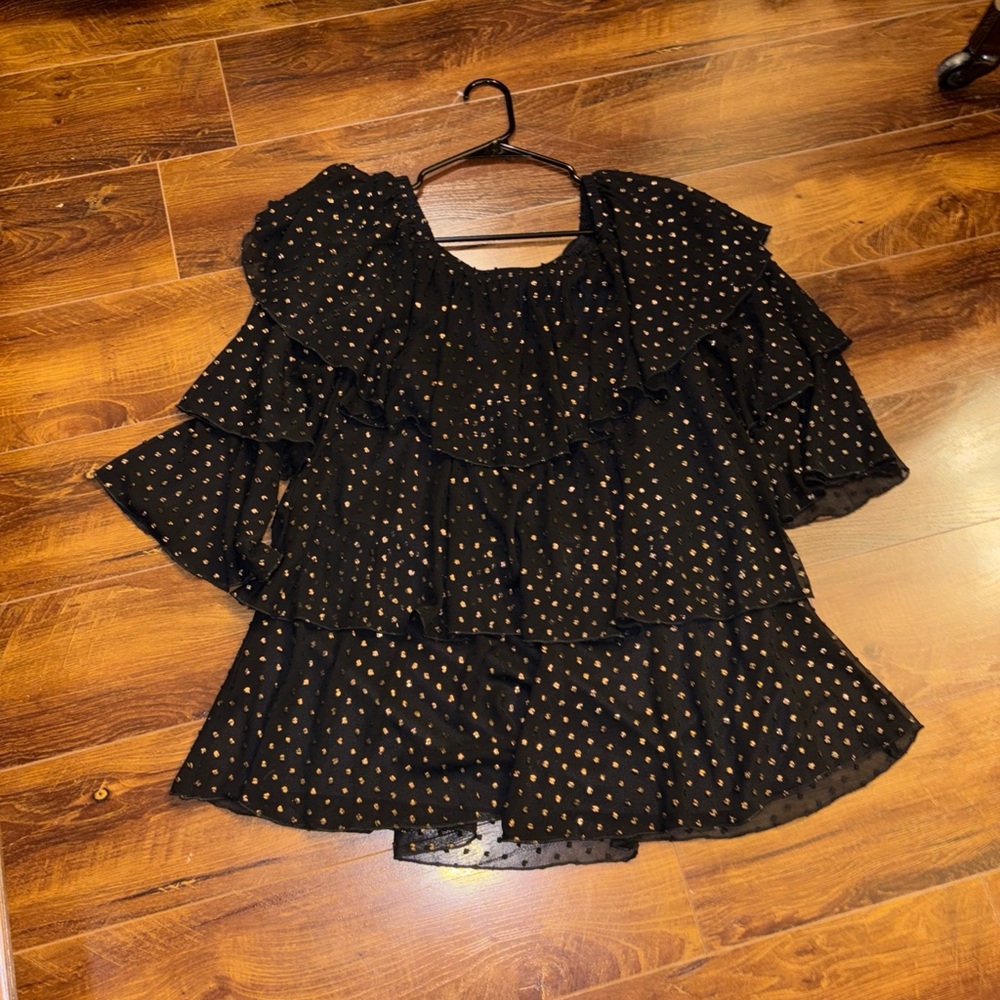 Show Me Your MuMu Black Ruffle Tiered Blouse with Gold Dot Print